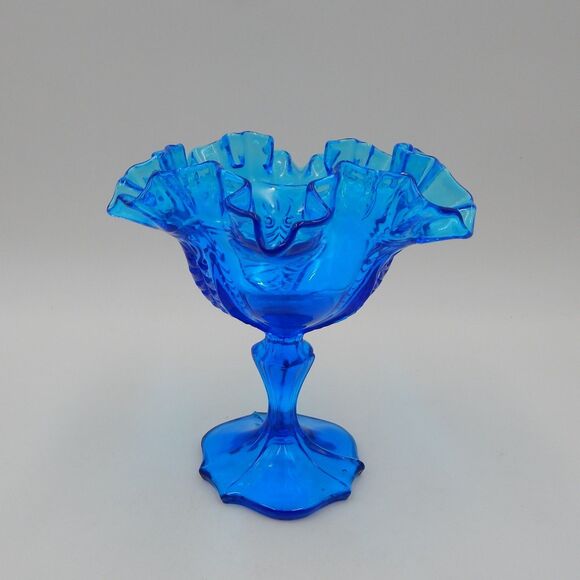 Fenton Colonial Blue Drape Pattern Ruffled Candy Dish Compote 6 Inch - Picture 4 of 6
